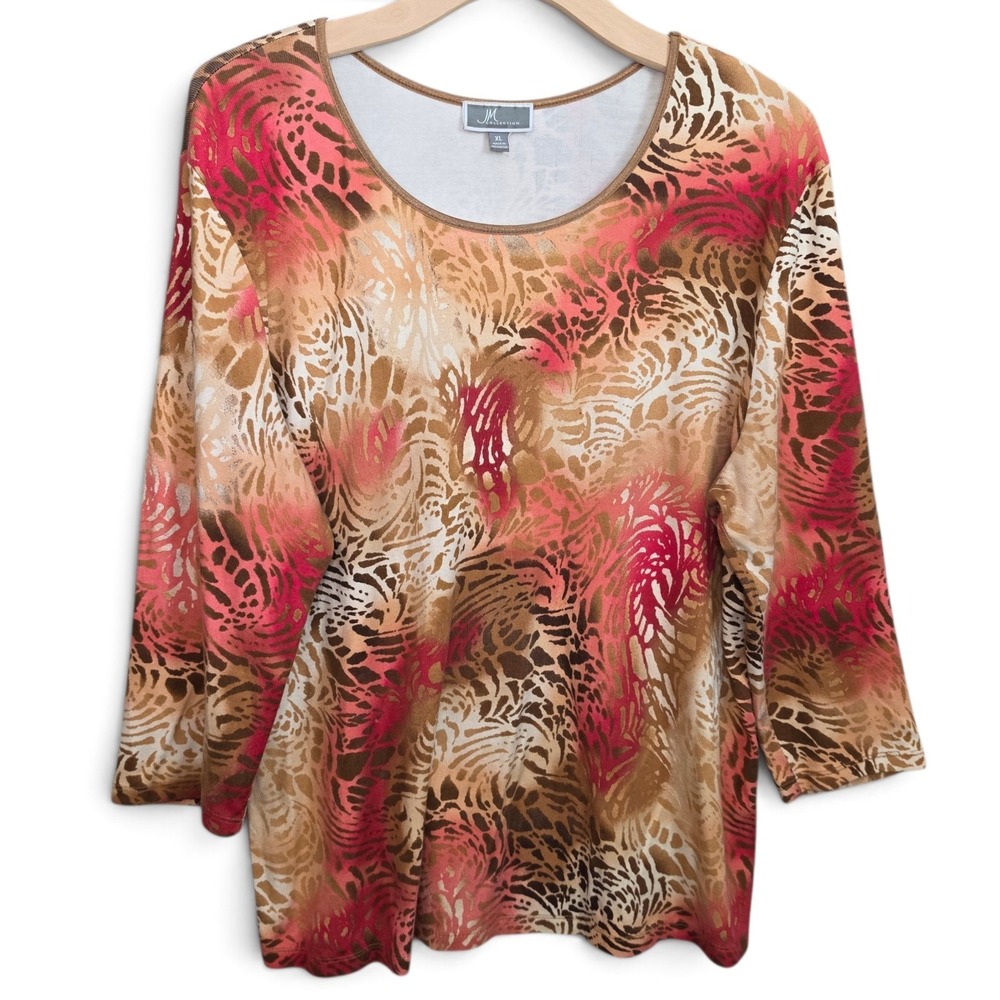 JM Collection Top Womens XL Animal Print Brown Coral Stretch Knit Scoop Neck Tee